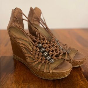 Leather Strappy Wedge Sandals - Size 8